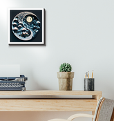 Wrapped canvas depicting a mountain and valley landscape.